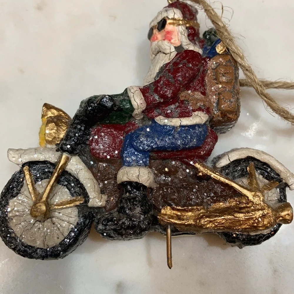 Sunglass Sparkly Santa on motorcycle ornament